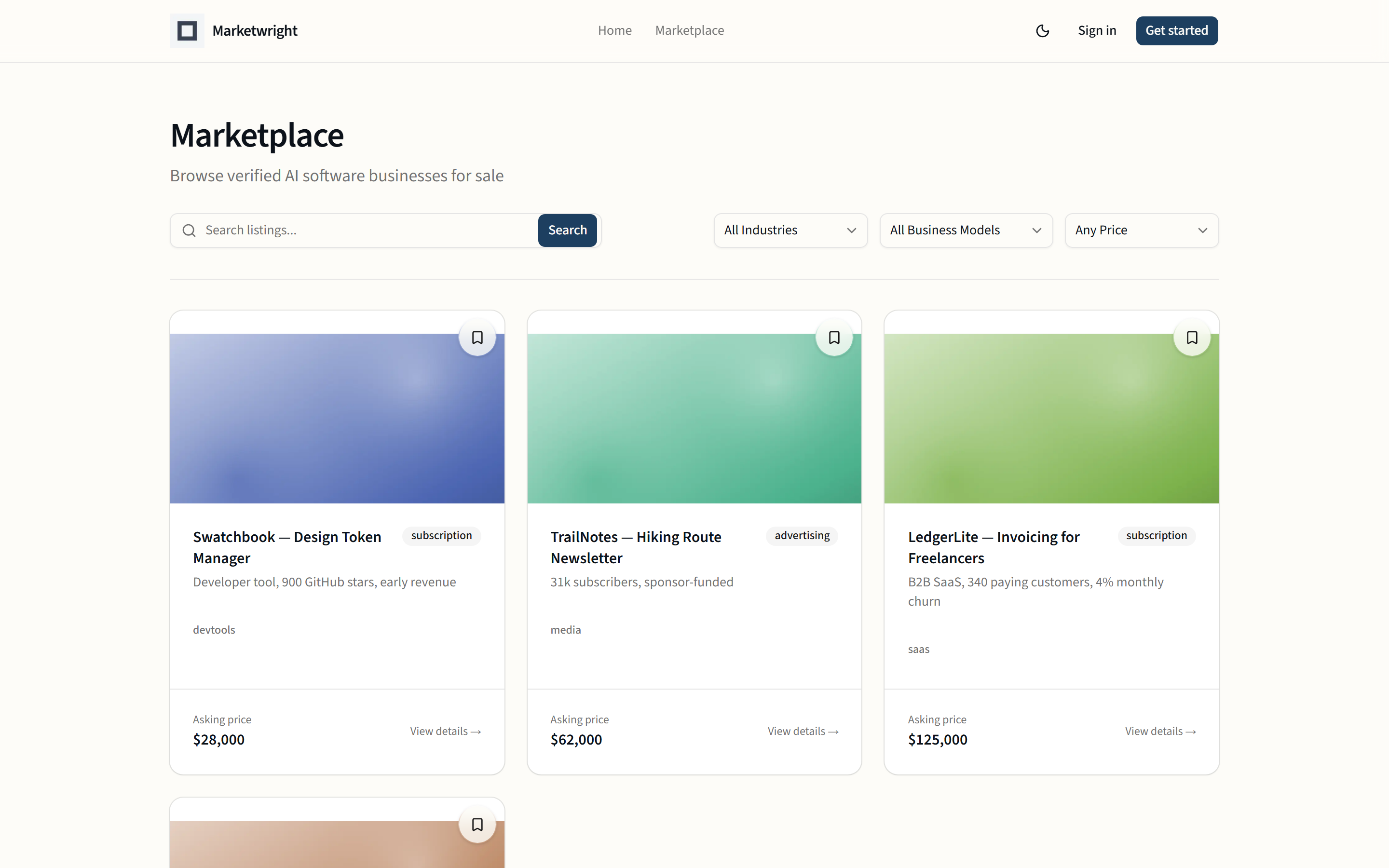 The Marketwright marketplace grid showing six listings with cover images, asking prices and business models.